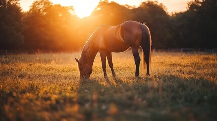 Poster - Horse Grazing in Golden Hour