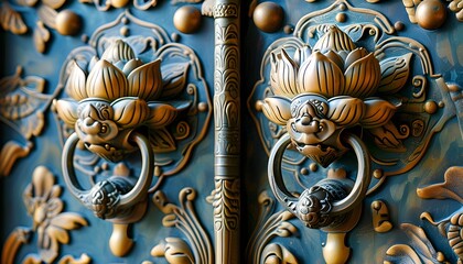 Wall Mural - Intricate Bronze Door Featuring Lotus Motif and Decorative Knocker