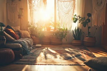 Canvas Print - Sunlight Streaming Through a Boho-Chic Living Room