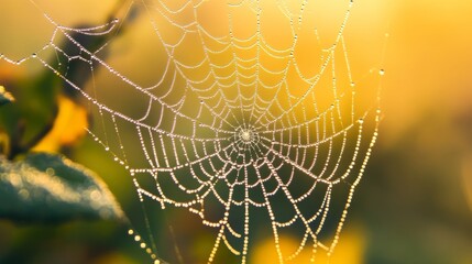 Poster - An insect eye view of a spider web glistening with morning dew, with the intricate design and droplets clearly visible.