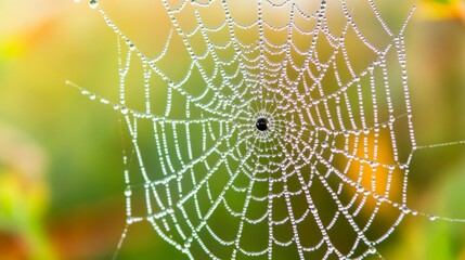 Poster - An insect eye view of a spider web glistening with morning dew, with the intricate design and droplets clearly visible.
