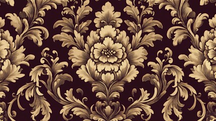 Intricate gold floral pattern on dark background, elegant ornate design with textured surface.