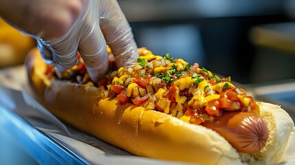 Gourmet Hot Dog with Homemade Salsa and Mustard.