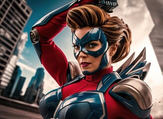 a confident woman superhero poses heroically in a cityscape, showcasing her powerful presence and di