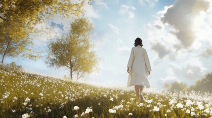 A woman in a flowing white dress walks through a field of flowers under a bright, sunny sky.