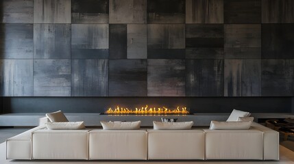 Wall Mural - Modern Minimalist Living Room Interior Design with White Sofa and Fireplace