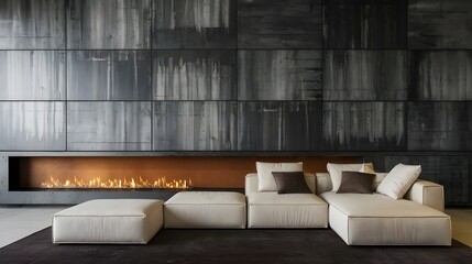 Wall Mural - Modern living room with white sofa  fireplace and concrete wall