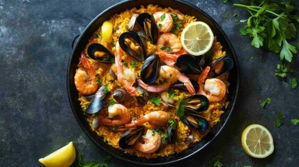 Wall Mural - An overhead view of a seafood paella with a mix of mussels, clams, shrimp, and saffron rice, garnished with fresh parsley and lemon slices.