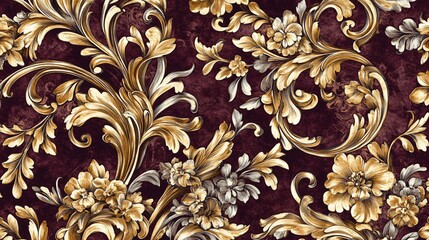 Canvas Print - Ornate golden floral pattern on a burgundy background.