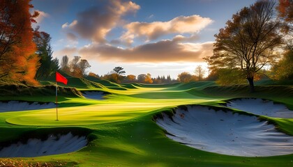 Wall Mural - Autumn Colors on Scottish Golf Course Featuring Vibrant Green Turf and Red Flag in Cup