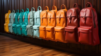 Group of colorful backpack on wooden background, Back to school concept.