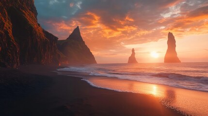 A breathtaking coastal sunset over dramatic rock formations, casting warm hues on the tranquil beach.