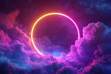 Poster - 3d rendering of a lively neon ring shining through a stormy cloud in the dark sky, conceptual artwork backdrop