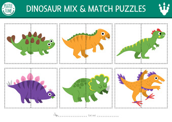 Wall Mural - Vector dinosaur mix and match puzzle with cute ancient animals. Matching prehistoric activity for preschool kids. Educational printable game with stegosaur, triceratops, velociraptor