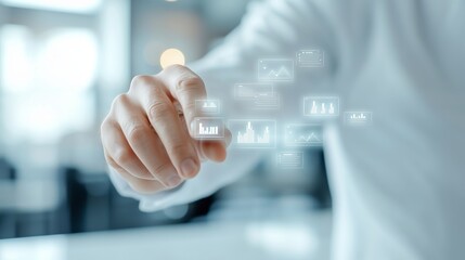 ceo managing scalable business operations using digital dashboards with floating graphs representing