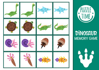 Wall Mural - Vector water dinosaur memory game cards with cute plesiosaur, crocodile, fish, ammonite. Prehistoric matching activity. Remember and find correct card. Simple printable worksheet for kids