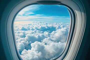 view from the aircraft portal, gorgeous blue heaven enhanced by soft creamy cloud fluffs