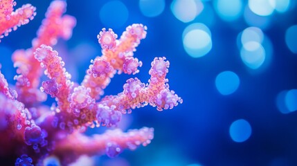 Poster - An underwater close-up of branching corals with various hues, creating a stunning visual contrast against the blue ocean backdrop.