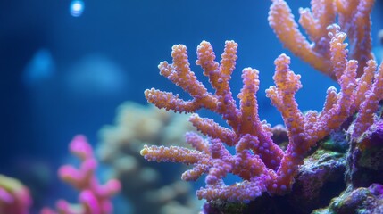 Poster - An underwater close-up of branching corals with various hues, creating a stunning visual contrast against the blue ocean backdrop.