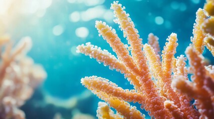 Poster - An underwater close-up of branching corals with various hues, creating a stunning visual contrast against the blue ocean backdrop.