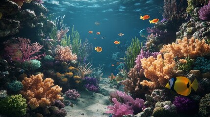 An underwater scene featuring a diverse coral garden with various coral species and fish swimming among them in a tropical reef.