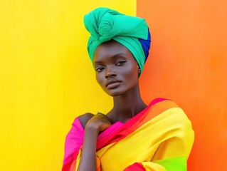 Self-expression of sexuality, with a figure standing confidently in vibrant clothing, symbolizing pride and authenticity