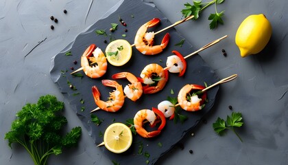 Wall Mural - Grilled shrimp skewers with vibrant bell peppers, fresh lemon, and parsley on a rustic gray stone surface