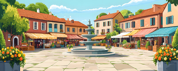 A quaint village square with a fountain and outdoor market stalls. Vector flat minimalistic isolated illustration.