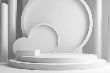 Poster - Pedestal in the room in white color with geometric shapes. Podium for product showcase with geometric decoration.