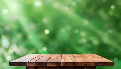 Wall Mural - Rustic wooden table contrasting with vibrant green blurred background