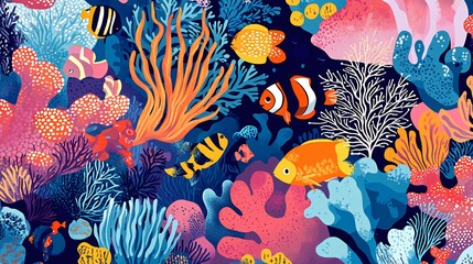 Wall Mural - Vibrant underwater scene with colorful coral reefs and various tropical fish swimming.