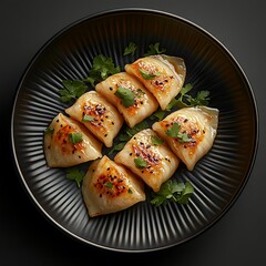 Wall Mural - Close-up of six golden-brown dumplings on a black plate, garnished with fresh cilantro.