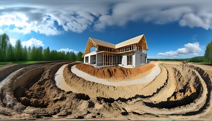 Wall Mural - Seamless 360-degree panoramic view of a plot being prepared for new home construction in a vibrant virtual reality setting