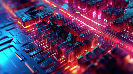 Poster - Motherboard with chips and connections in purple and blue neon lights. Technology background with microchips on hardware circuitboard.