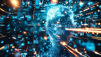Poster - A futuristic composition with human and digital components. Artificial intelligence concept.