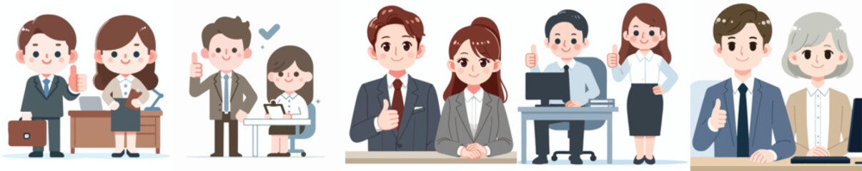 Canvas Print - vector set of business couple expressing thumbs up, white background, simple and minimalist flat design style