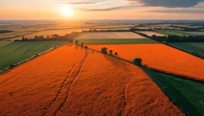 Wall Mural - Vibrant aerial panorama of orange fields illuminated by gentle sunlight