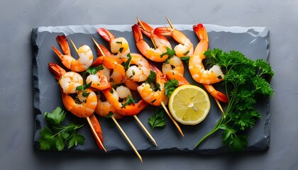 Wall Mural - Grilled shrimp skewers with vibrant bell peppers, fresh lemon, and parsley on a rustic gray stone surface