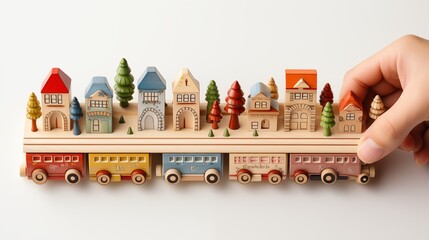 Wall Mural - High angle shot of a kids hands playing with wooden toy train on white background.