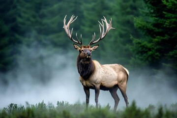 a majestic elk standing in a misty forest, with its antlers reaching high above the fog-covered tree