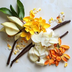 Sticker - White and yellow flower petals, vanilla beans, and apple peels on a white background.