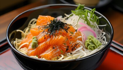 Wall Mural - Delicious Salmon Fillet Served Over Noodles with Flavorful Sauce