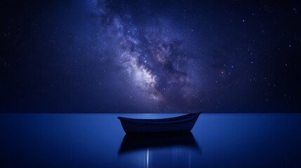 A wooden boat reflects under a starry night sky as the Milky Way appears over calm waters