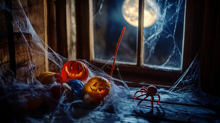 halloween candy lollipops and pumpkin in front of the door and table trick or treat jack o lantern background