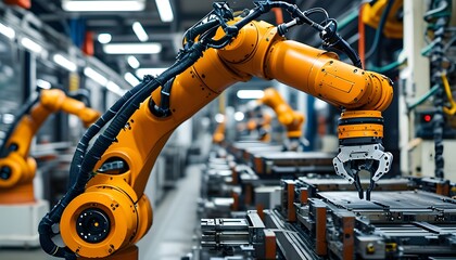 Wall Mural - Precision-driven automated robot arms enhancing industrial production in factory machinery areas