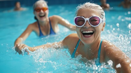 A smiling two woman splash happily in a blue pool on a summer day seniors doing water exercises, Group of elder women at aqua gym session, joyful group of friends having aqua class in swimming