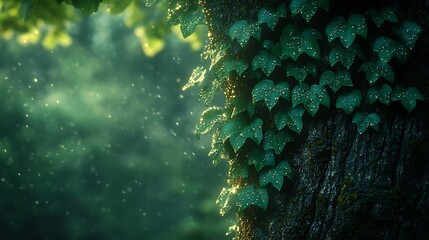 Close-up of a tree trunk covered in ivy with sunlight filtering through the leaves.