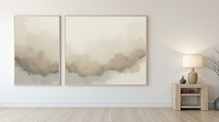 Elegant home decor featuring abstract beige and grey art prints complemented by stylish boho wood accents