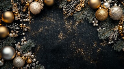 Wall Mural - An evergreen tree branch decorated with golden ornaments and sparkling snow on a black background for the holiday season