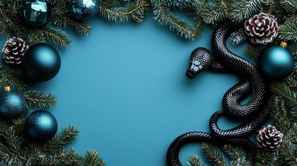 Wall Mural - Holiday ornaments with evergreen branches in teal and black on a vibrant background